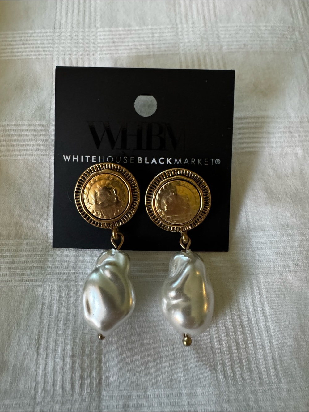 White House Black Market Gold-Tone Coin Earrings with Pearl-Look Drops
